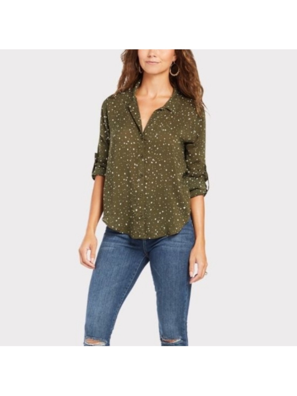 cloth & stone Anthropology Olive Green Dot Button Down Shirt Rayon